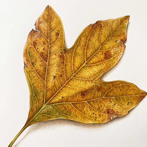 Golden Sassafras Leaf Colored Pencil Drawing