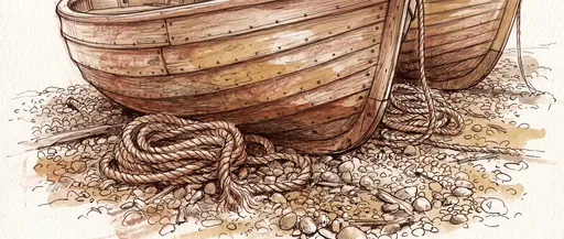 Sepia Drawing of Wooden Boats and Rope