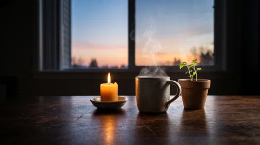 Morning Candle Mug and Plant at Dawn