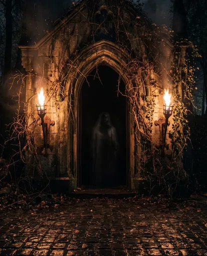 Ghostly Figure in Torchlit Stone Crypt Entrance