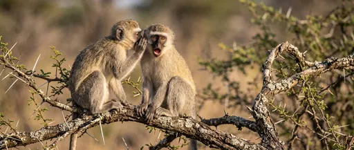 Two Vervet Monkeys Whispering on Branch
