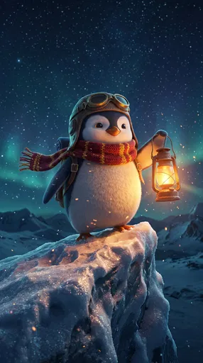 Cute Penguin Explorer Holding Glowing Lantern