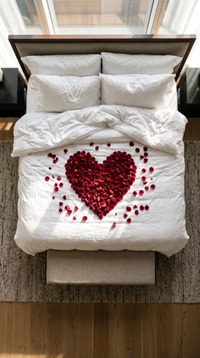 Red Rose Petals Heart on Luxury Bed