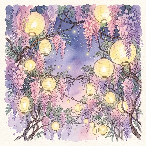 Watercolor Wisteria Canopy and Glowing Lanterns