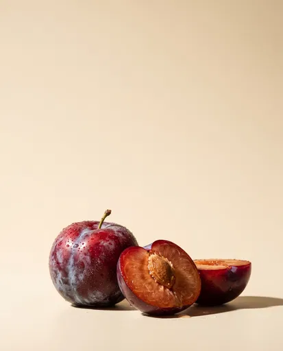 Fresh Whole and Halved Plums on Cream