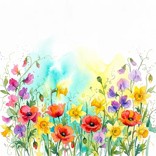 Vibrant Watercolor Spring Flowers Border Illustration