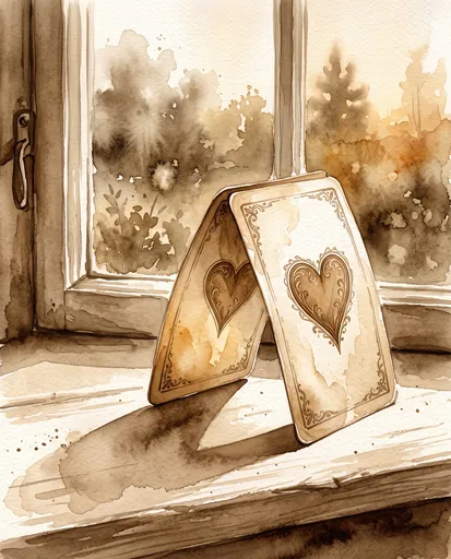 Sepia Watercolor Heart Cards on Windowsill