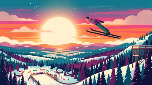 Vintage Ski Jumper Over Sunset Valley