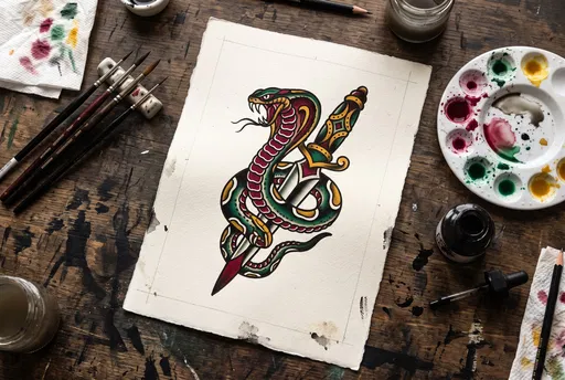 Traditional Cobra and Dagger Tattoo Flash Painting