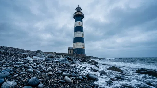 Blue and White Striped Coastal Lighthouse