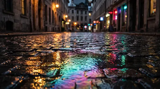 Wet Cobblestone Street With Rainbow Reflections