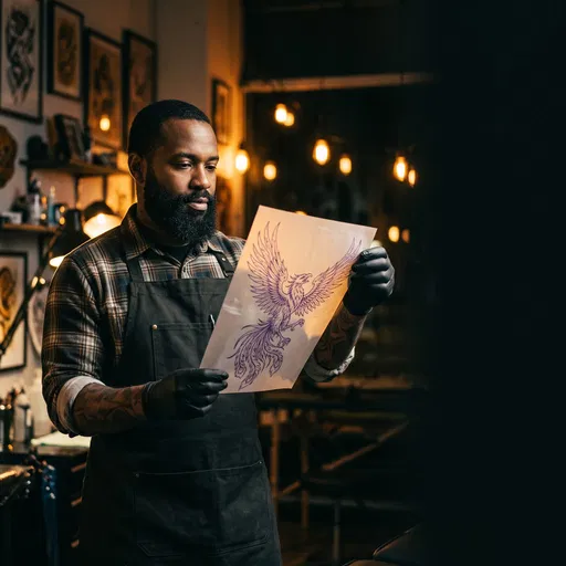 Tattoo Artist Examining Phoenix Stencil in Studio
