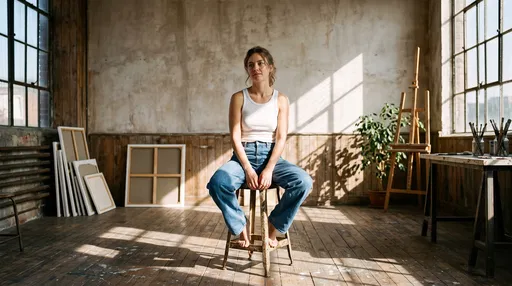 Woman in Baggy Jeans in Artist Studio