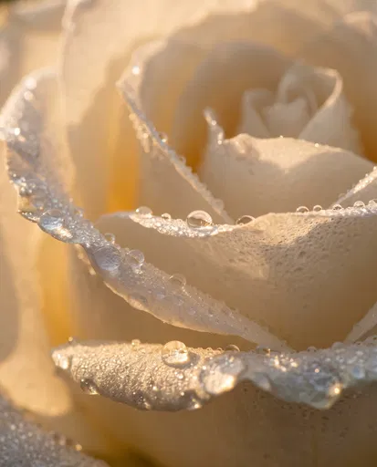 Macro White Rose Petals with Morning Dew