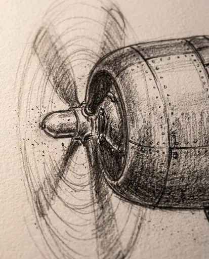 Graphite Sketch of Spinning Airplane Propeller