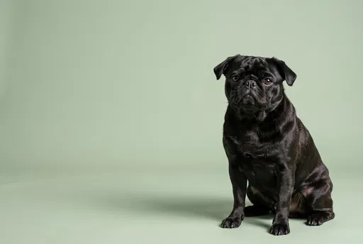 Black Pug Sitting on Green Background