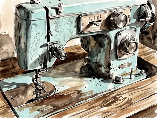 Turquoise Sewing Machine Ink Wash Illustration