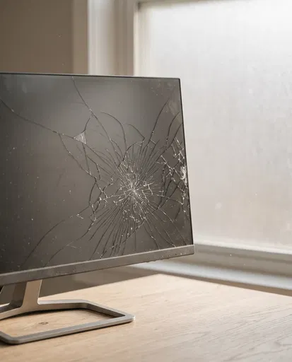 Cracked Computer Monitor on Wooden Desk