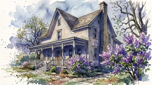 Watercolor New England Farmhouse With Lilacs