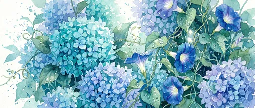 Watercolor Blue Hydrangeas and Morning Glories