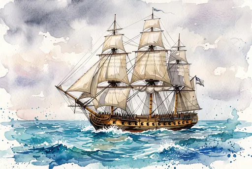 Watercolor Illustration of Historic Naval Frigate