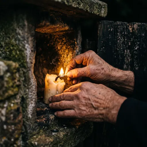 Aged Hands Lighting Candle in Stone Niche