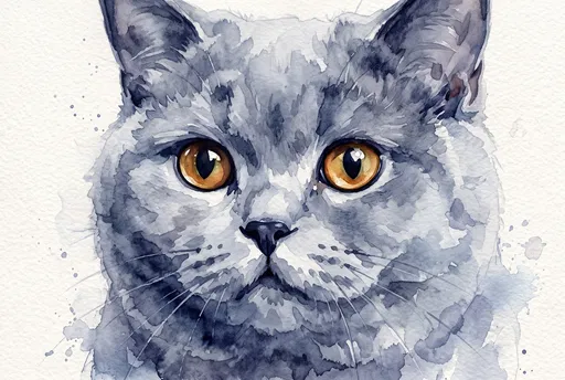 Watercolor Portrait of Grey British Shorthair