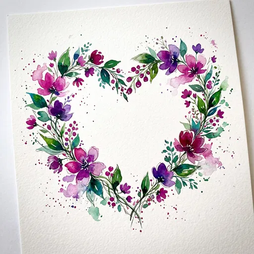 Watercolor Floral Heart Wreath on Paper