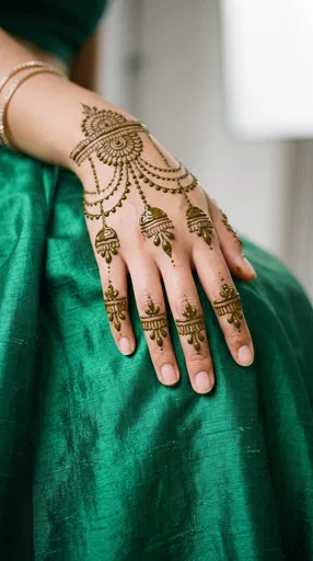 Henna Design on Hand Over Green Silk