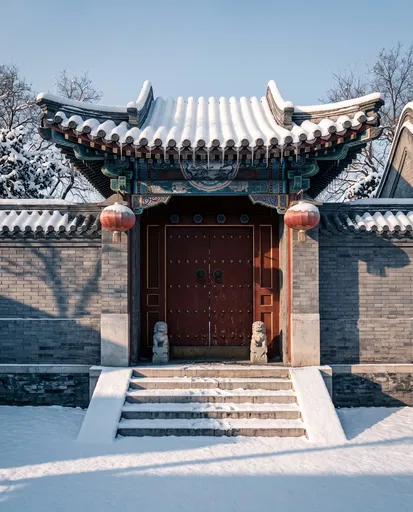 Snowy Traditional Beijing Courtyard Entrance