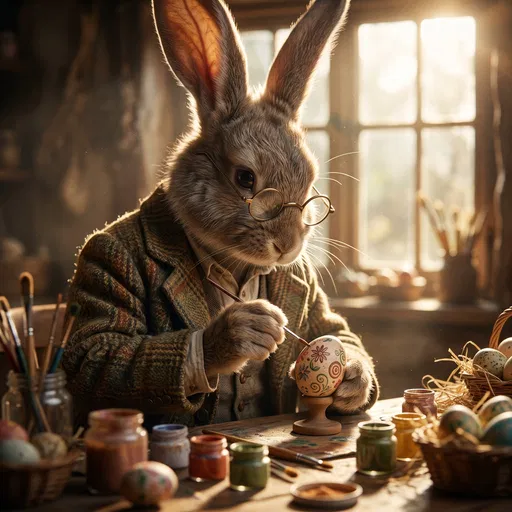 Anthropomorphic Bunny Painting Easter Egg