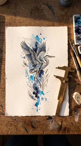 Watercolor Heron Tattoo Design Flat Lay