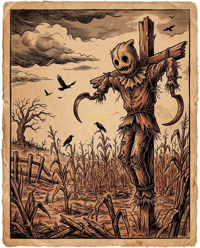 Sinister Scarecrow Woodcut Illustration