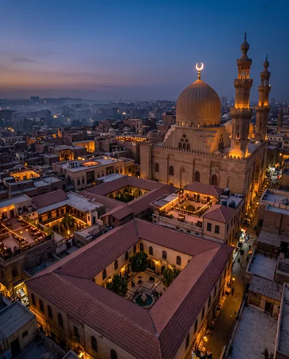 Illuminated Mosque and Courtyards at Dusk