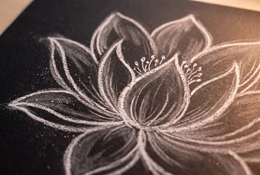 White Chalk Lotus Drawing on Black Paper