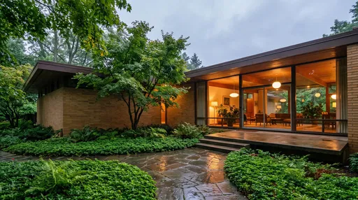 Mid-Century Brick Residence in Rainy Twilight
