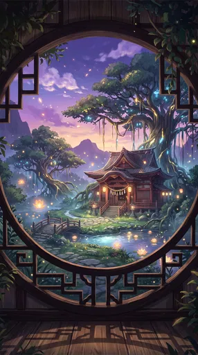Mystical Anime Shrine Through Circular Window