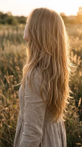 Woman With Long Layered Blonde Hair Outdoors
