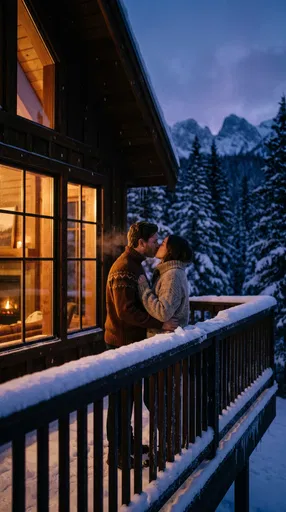 Couple Kissing on Snowy Cabin Balcony