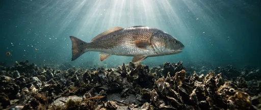 Redfish Swimming Over Underwater Oyster Reef