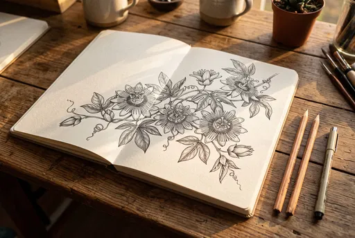 Passionflower Ink Sketch in Open Notebook