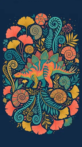 Colorful Stylized Stegosaurus Botanical Illustration