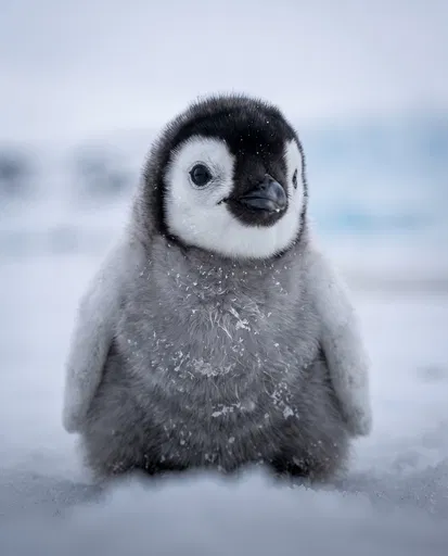 Fluffy Emperor Penguin Chick in Snow
