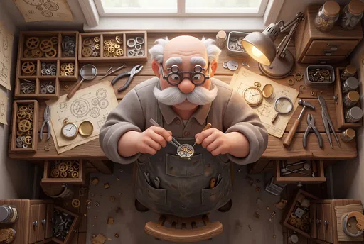 3D Cartoon Elderly Clockmaker at Workbench