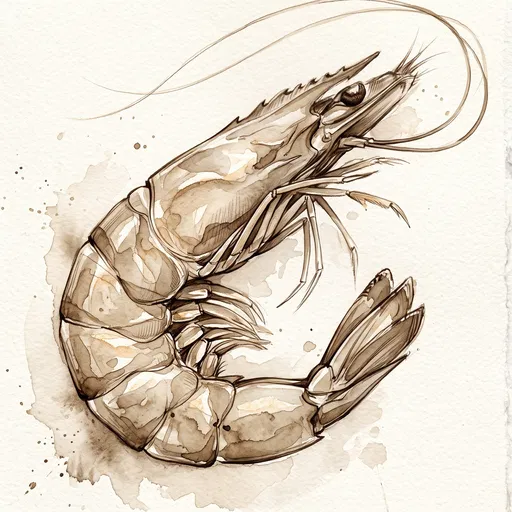 Sepia Watercolor Illustration of Curled Prawn