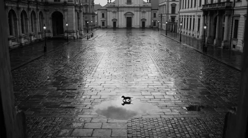 Dachshund Silhouette in Rainy Stone Courtyard