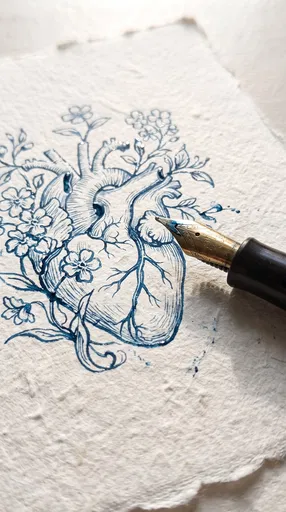 Botanical Heart Ink Drawing with Fountain Pen