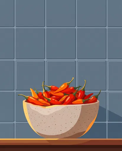 Illustration of Red Chilis in Ceramic Bowl