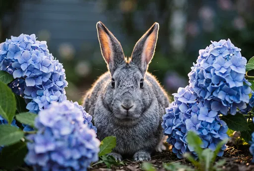Gray Rabbit Between Blue Hydrangeas