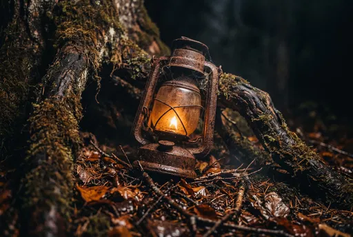 Rusty Lantern Against Mossy Forest Roots